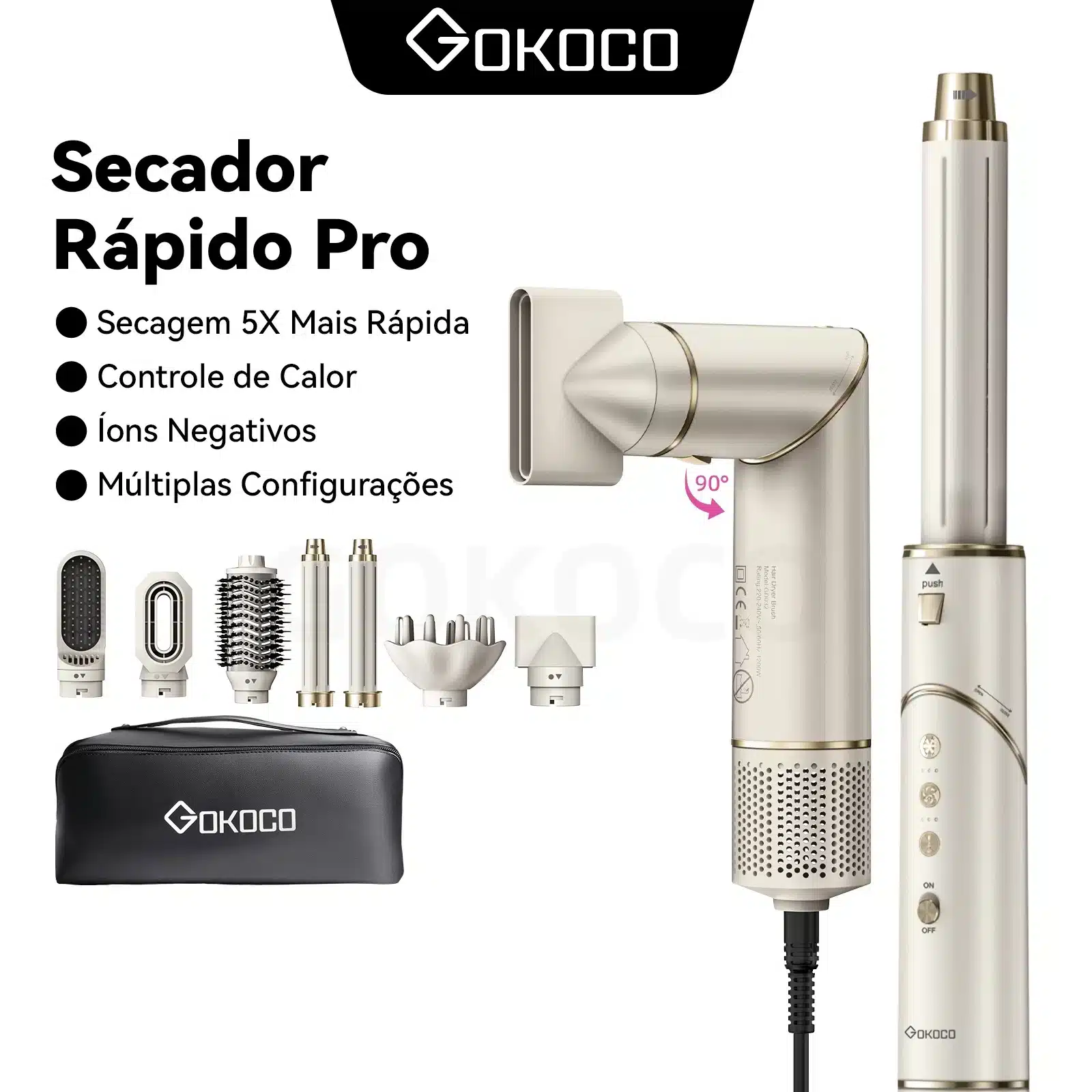 GOKOCO Escova Secadora 7 em 1 – 1200W, Kit Completo Efeito Salão para Secar, Alisar e Modelar